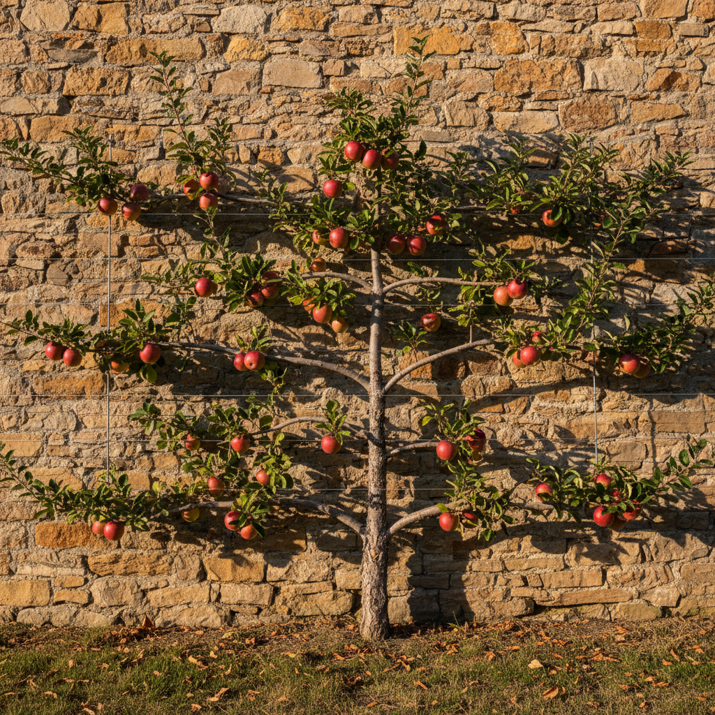 Espaliered apple tree trained flat against a wall with ripe fruit