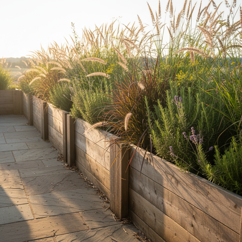 Tall cedar raised planters with ornamental grasses screening a patio edge