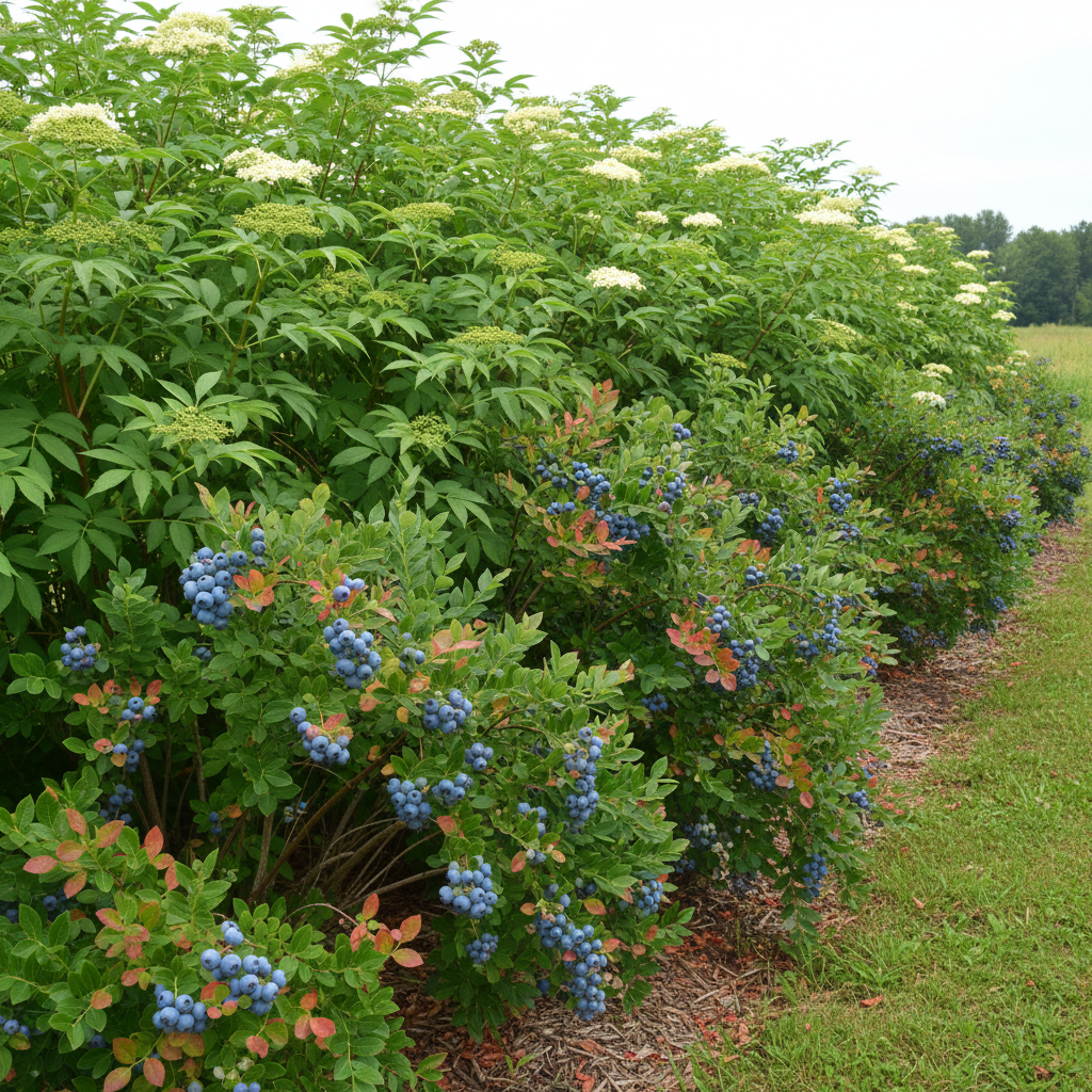 Mixed edible privacy hedge with blueberry bushes and elderberry in a row