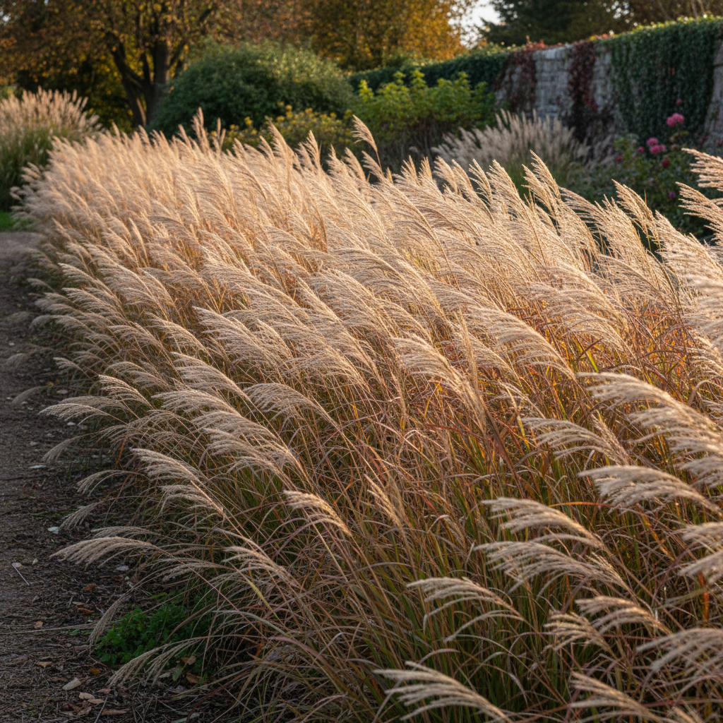 Flowing row of tall ornamental grasses like miscanthus and switchgrass along a garden border