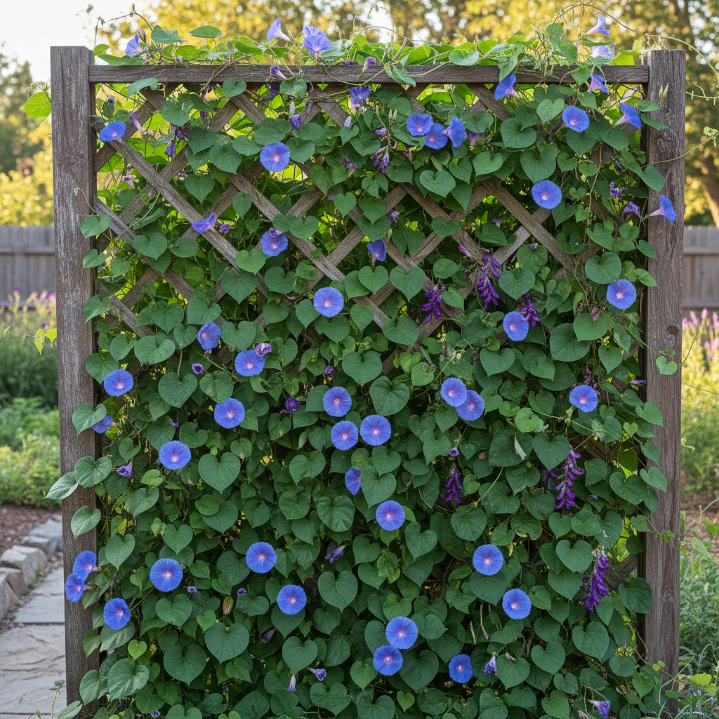 Lattice panel covered in morning glory and hyacinth bean vine with purple and blue flowers