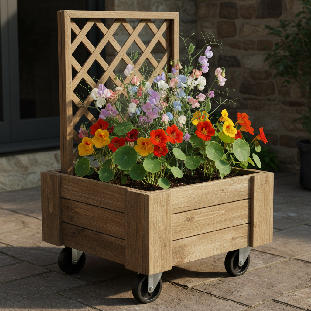 Portable wheeled planter box with trellis back and climbing flowers on a patio
