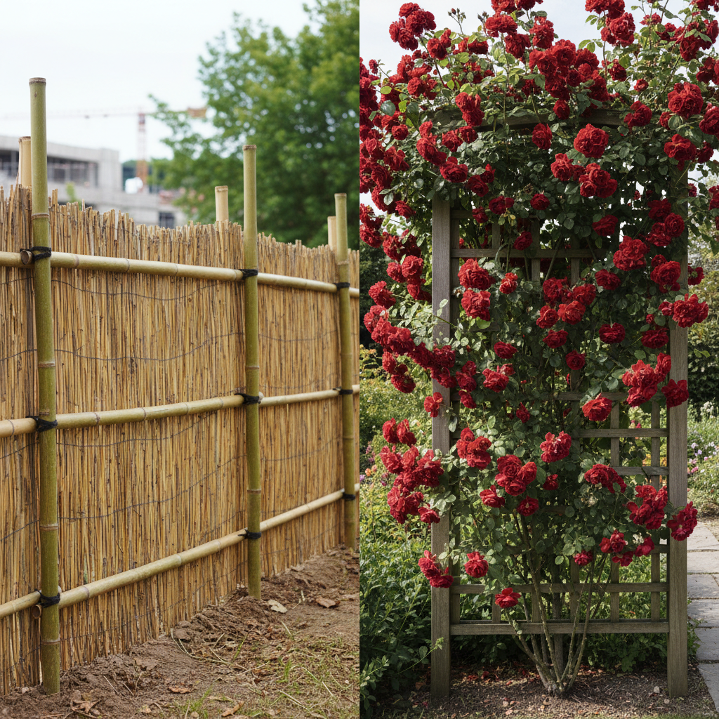 Split comparison of a quick bamboo screen versus a mature climbing rose privacy screen