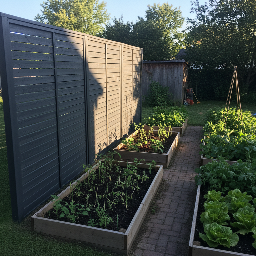 Poorly placed tall privacy screen blocking sunlight on garden beds