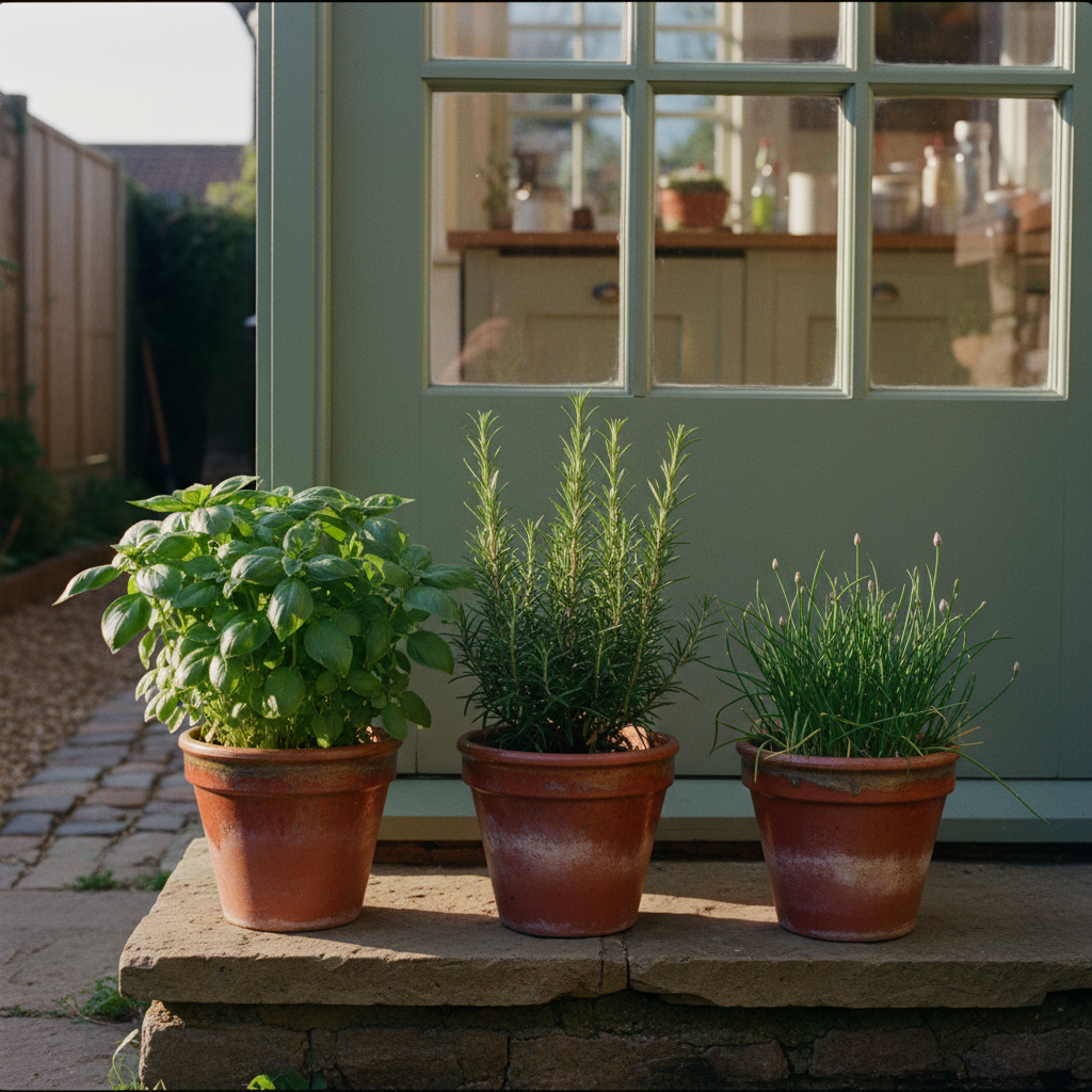 Three matching pots with basil rosemary and chives by a kitchen door