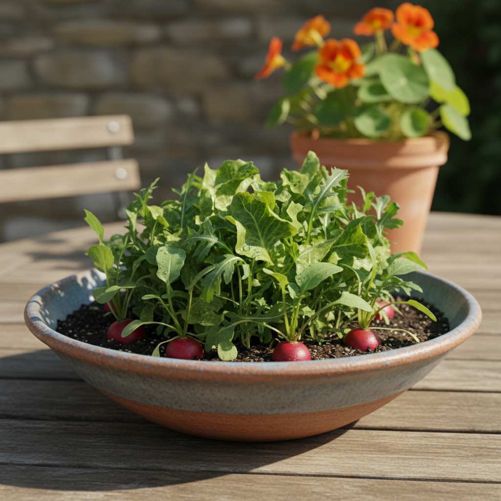 A wide shallow bowl planted as a cut-and-come-again salad garden