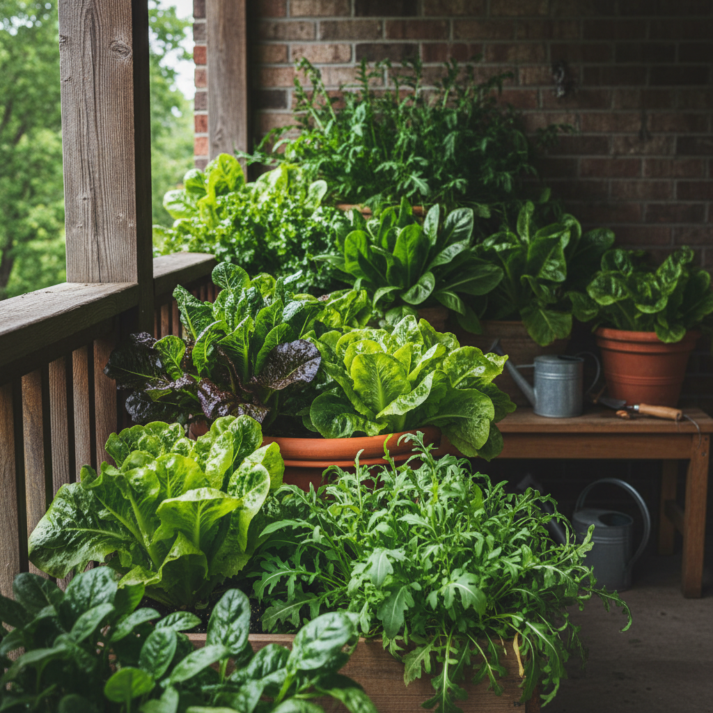 Pots of lettuce spinach and arugula thriving on a shaded porch