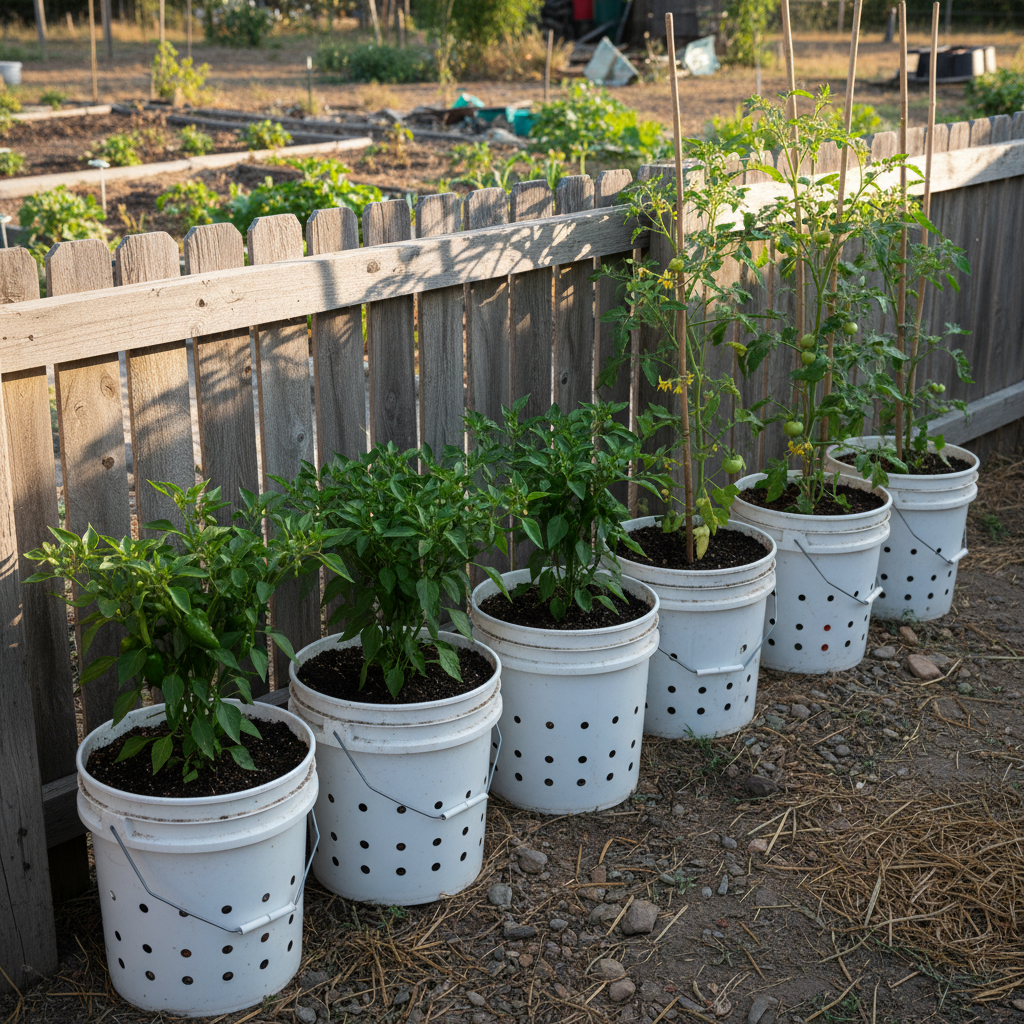 A row of five-gallon buckets growing peppers and tomatoes along a fence