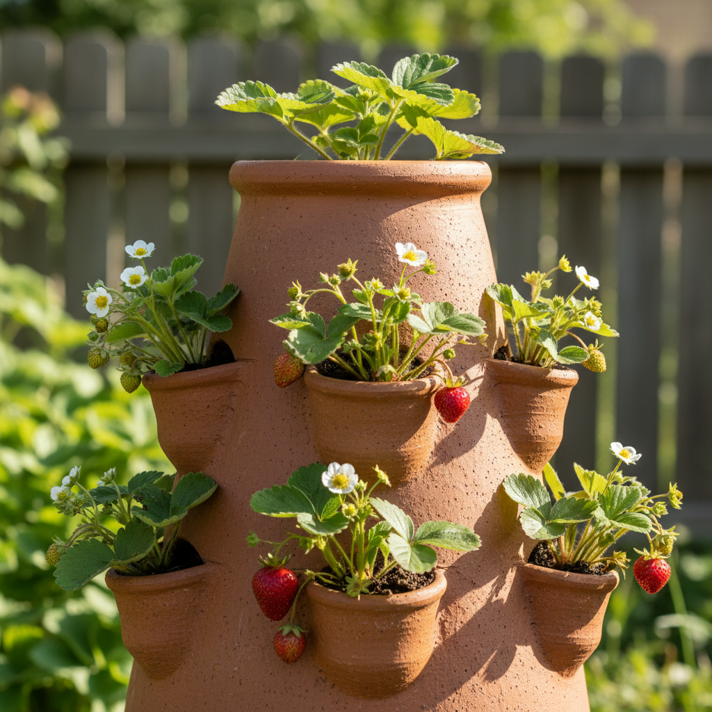 A strawberry jar with plants and fruit growing from the side pockets