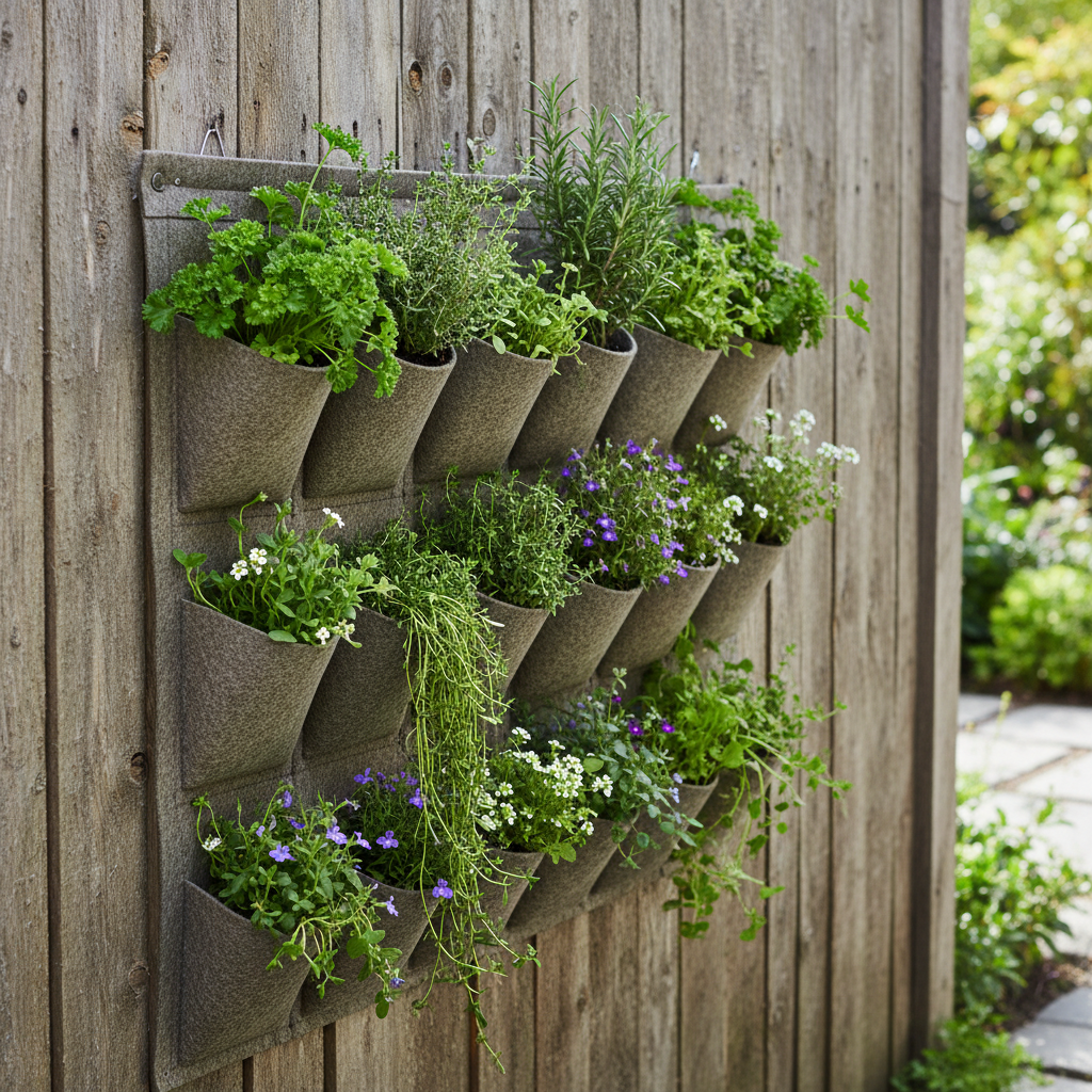 A hanging felt pocket planter on a fence filled with herbs and flowers