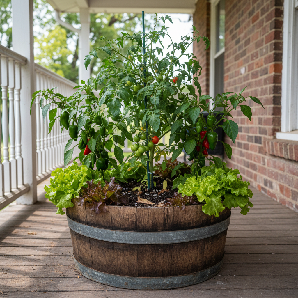 A whiskey half-barrel planter with tomato peppers and lettuce on a porch