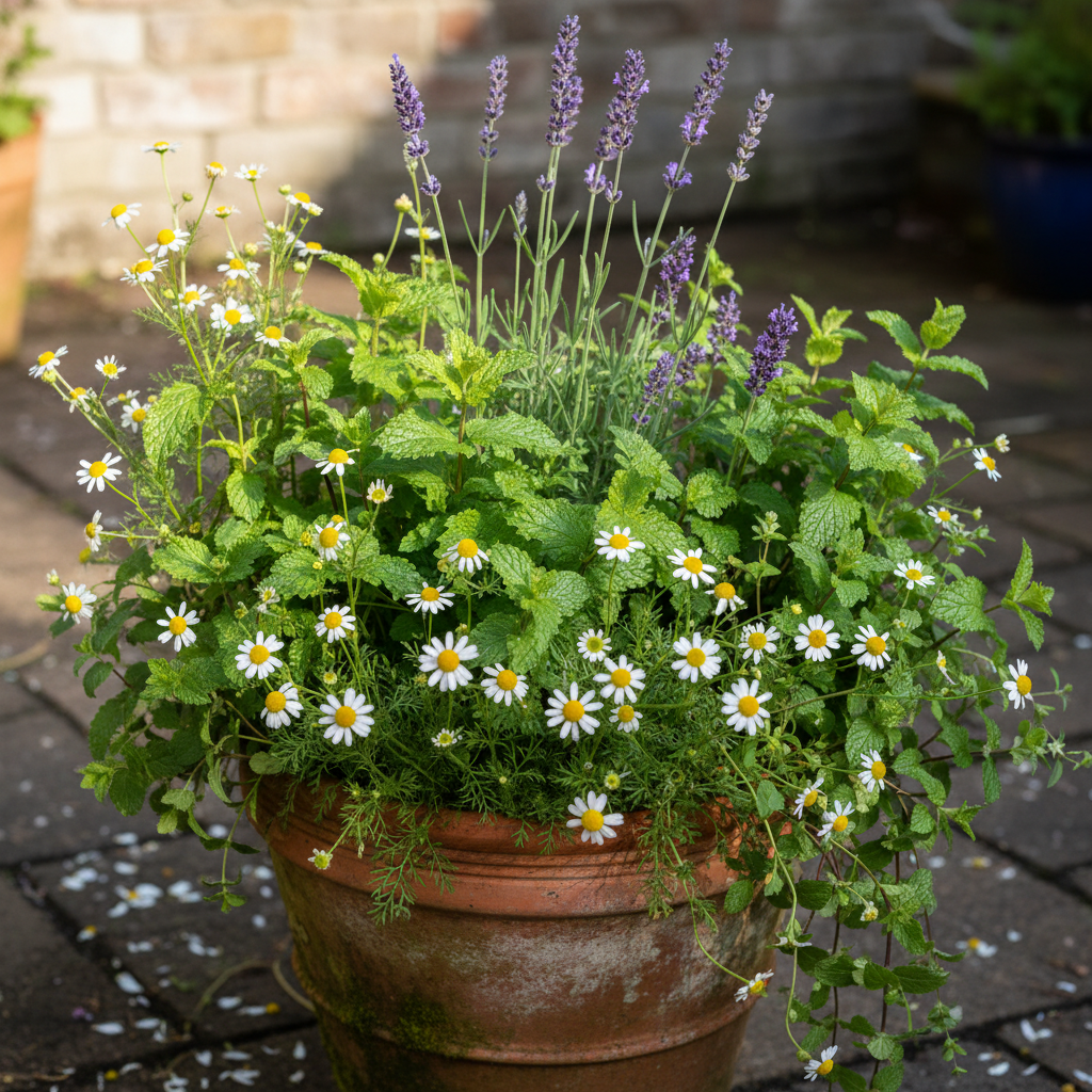 A pot planted with chamomile lemon balm mint and lavender for tea