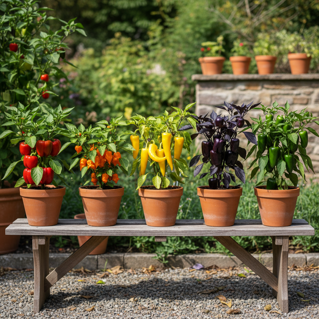 Five pots with different colored pepper plants in a rainbow row