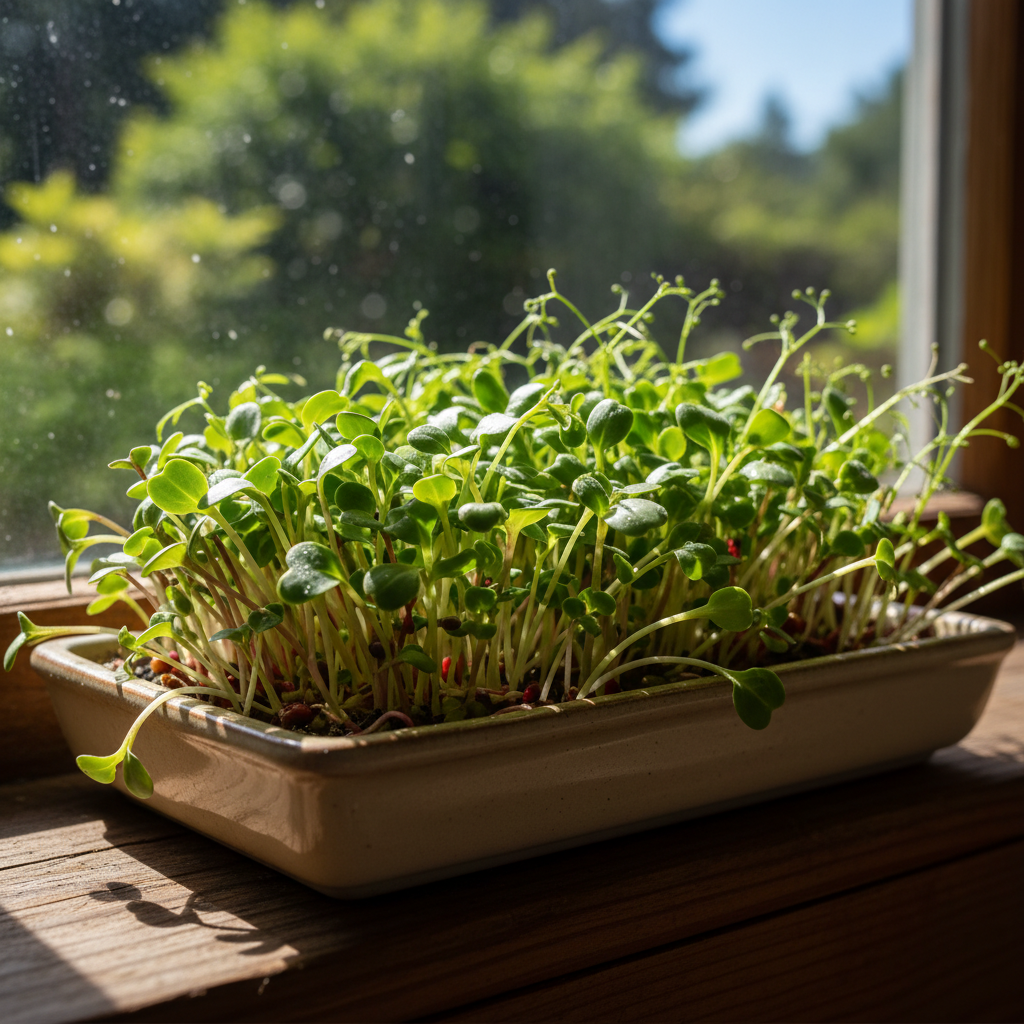 A shallow tray of bright green microgreen sprouts on a windowsill