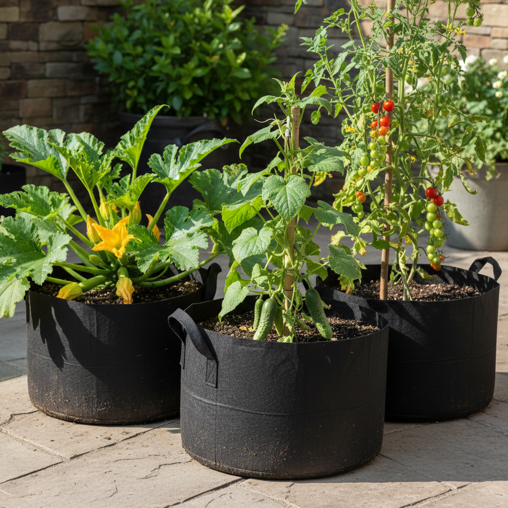 Three fabric grow bags on a patio growing zucchini cucumber and tomato