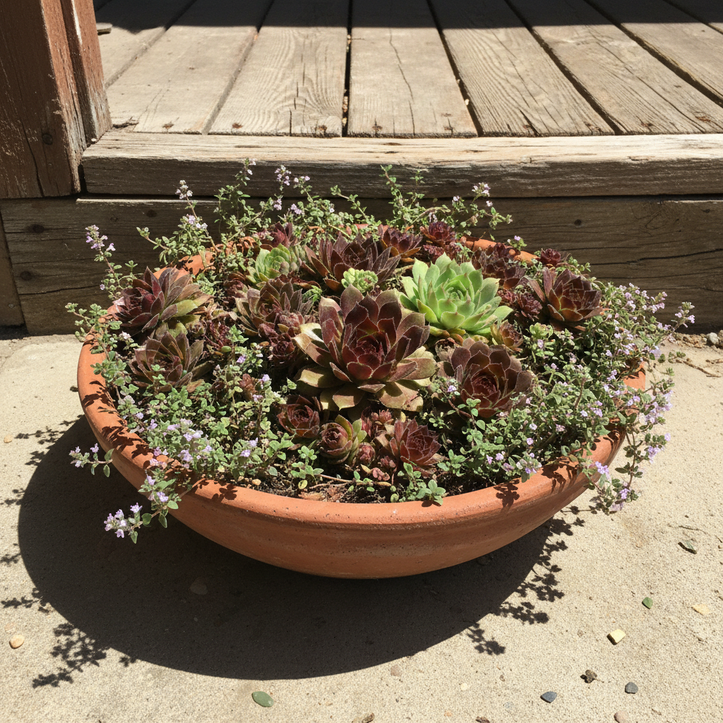 A wide bowl with hens and chicks sedums and creeping thyme
