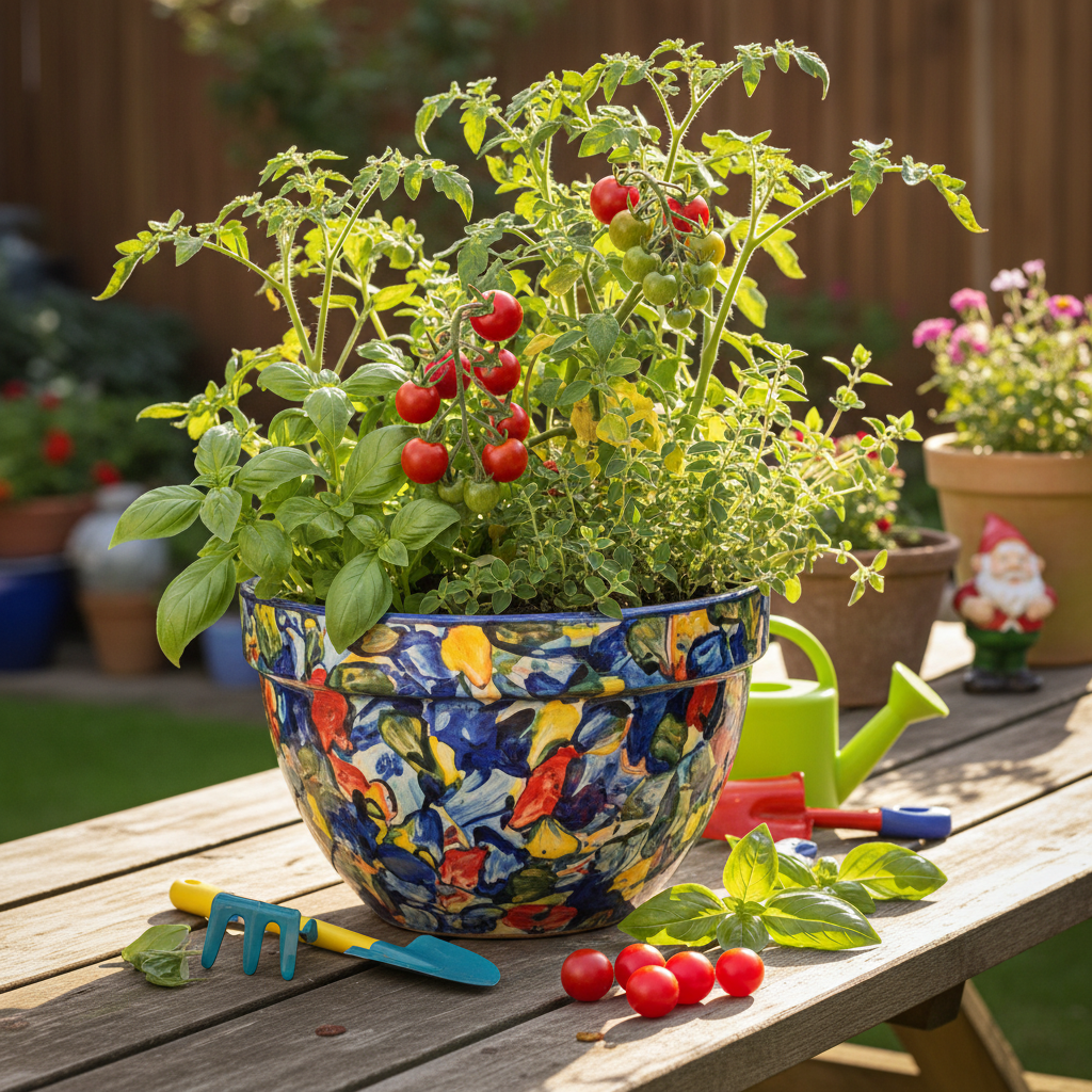 A pot with cherry tomato basil and oregano — a kids pizza garden