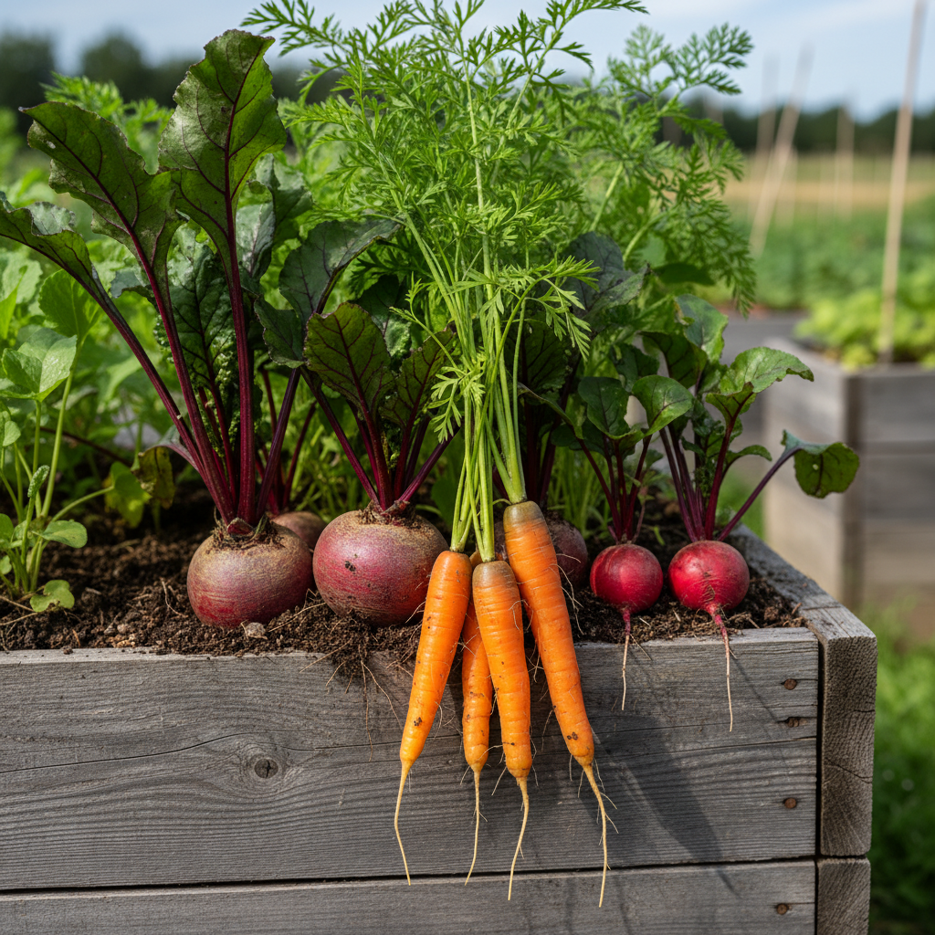A deep container with carrots beets and radishes showing colorful roots