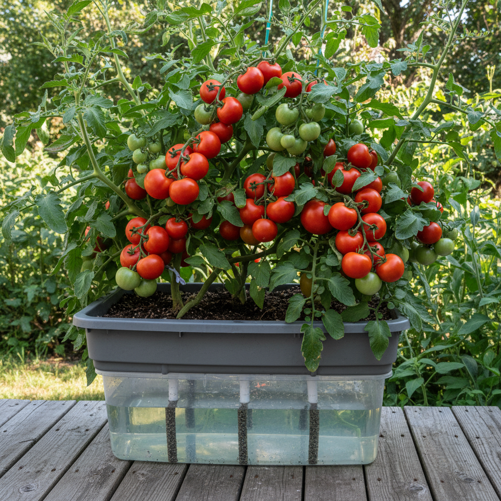 A self-watering planter with a tomato plant loaded with fruit