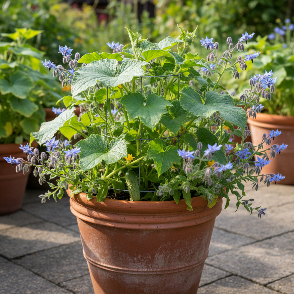 Borage with blue star flowers growing alongside a bush cucumber in one pot