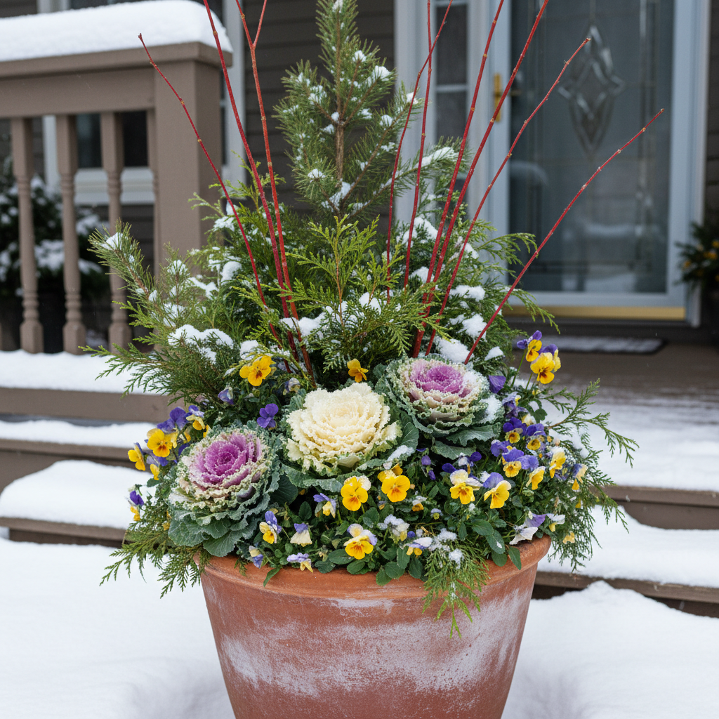 A winter porch pot with ornamental kale pansies and evergreen branches