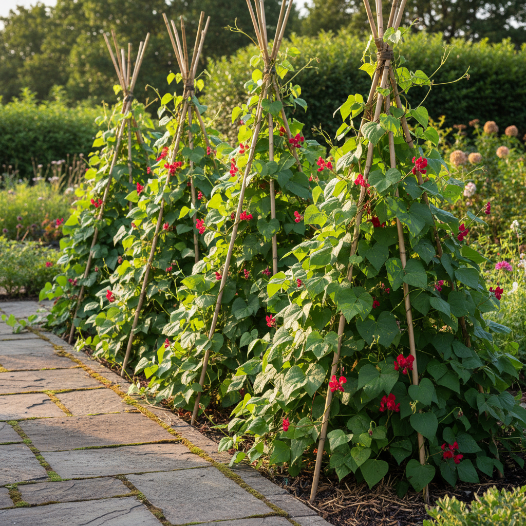 A row of pole bean teepees forming a living privacy wall with red flowers