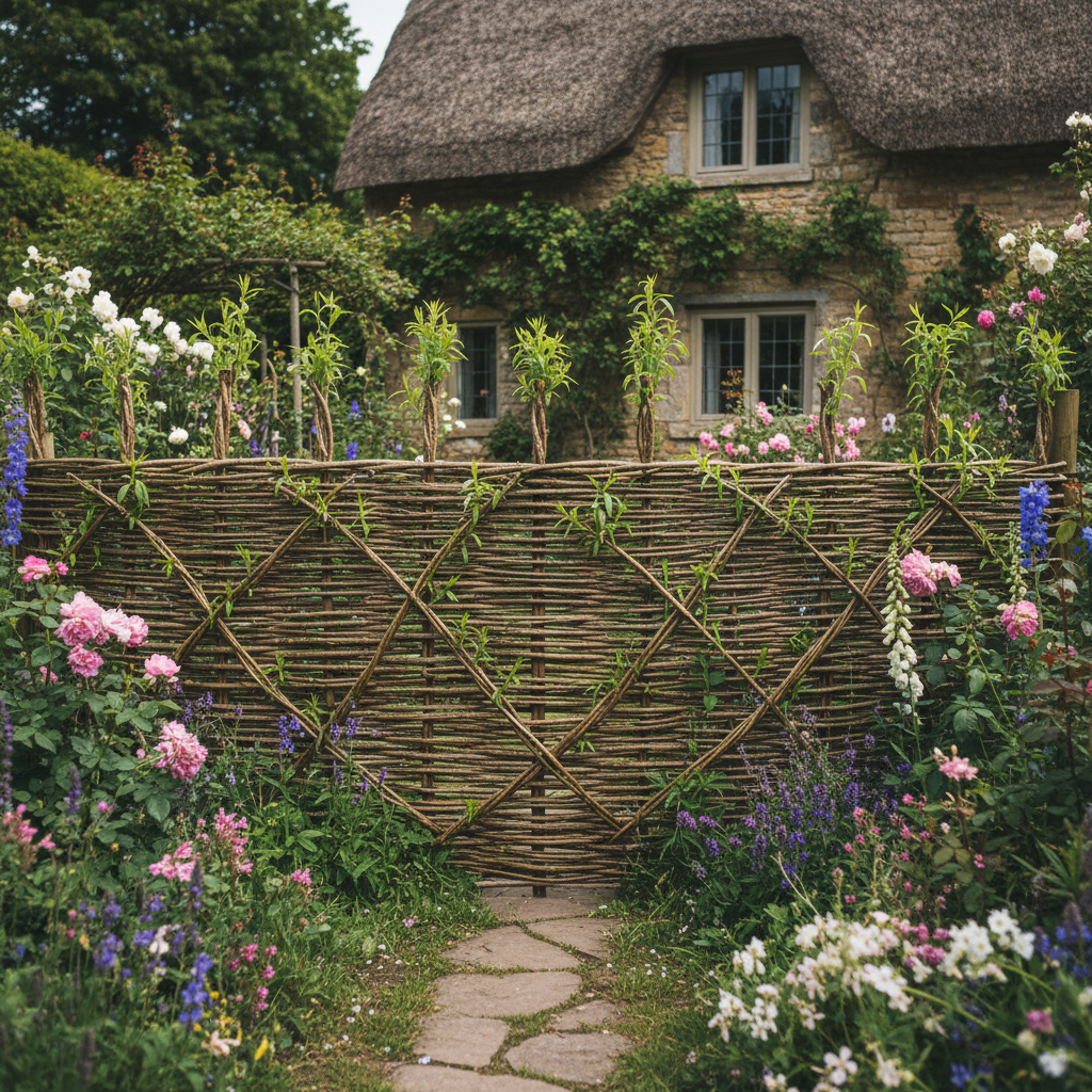 A living woven willow panel fence with green leaves sprouting