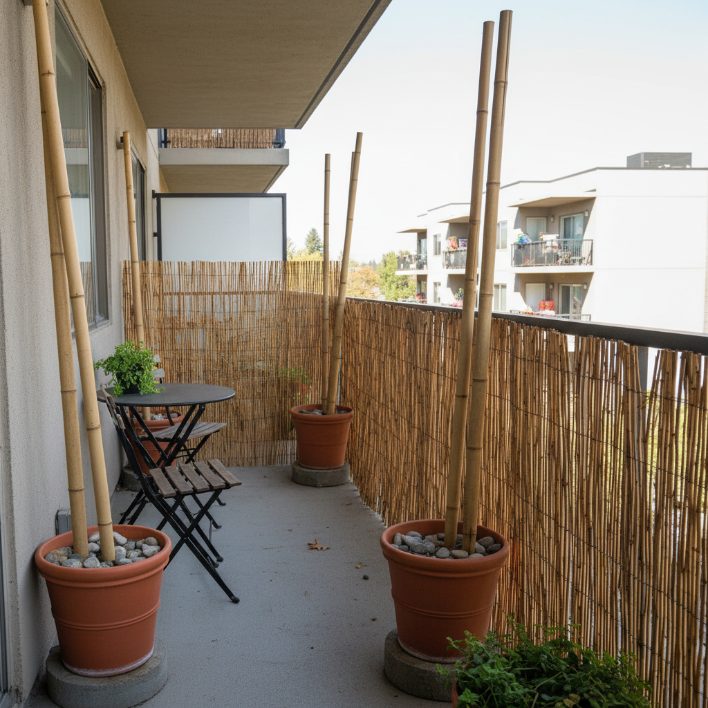 A renter-friendly bamboo and reed privacy screen on an apartment balcony