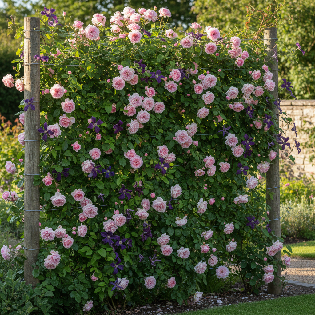 Climbing roses and clematis on horizontal wires creating a flowering screen
