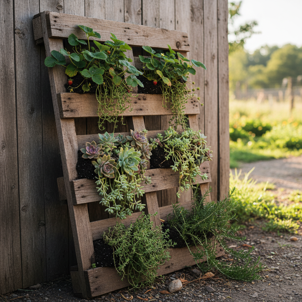 A wooden pallet planted with trailing herbs and strawberries as a garden wall