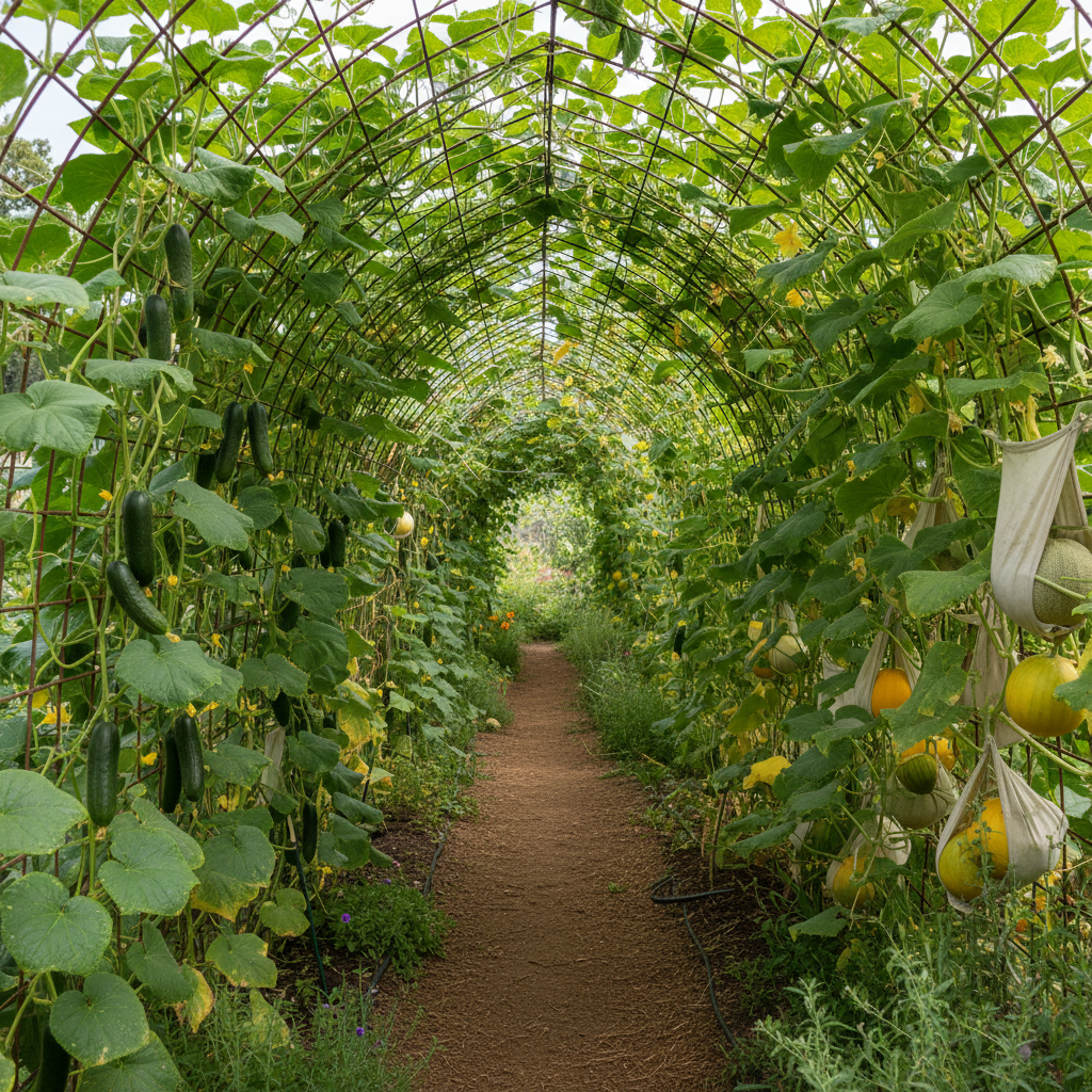 A cattle panel A-frame tunnel with cucumbers and melons hanging overhead