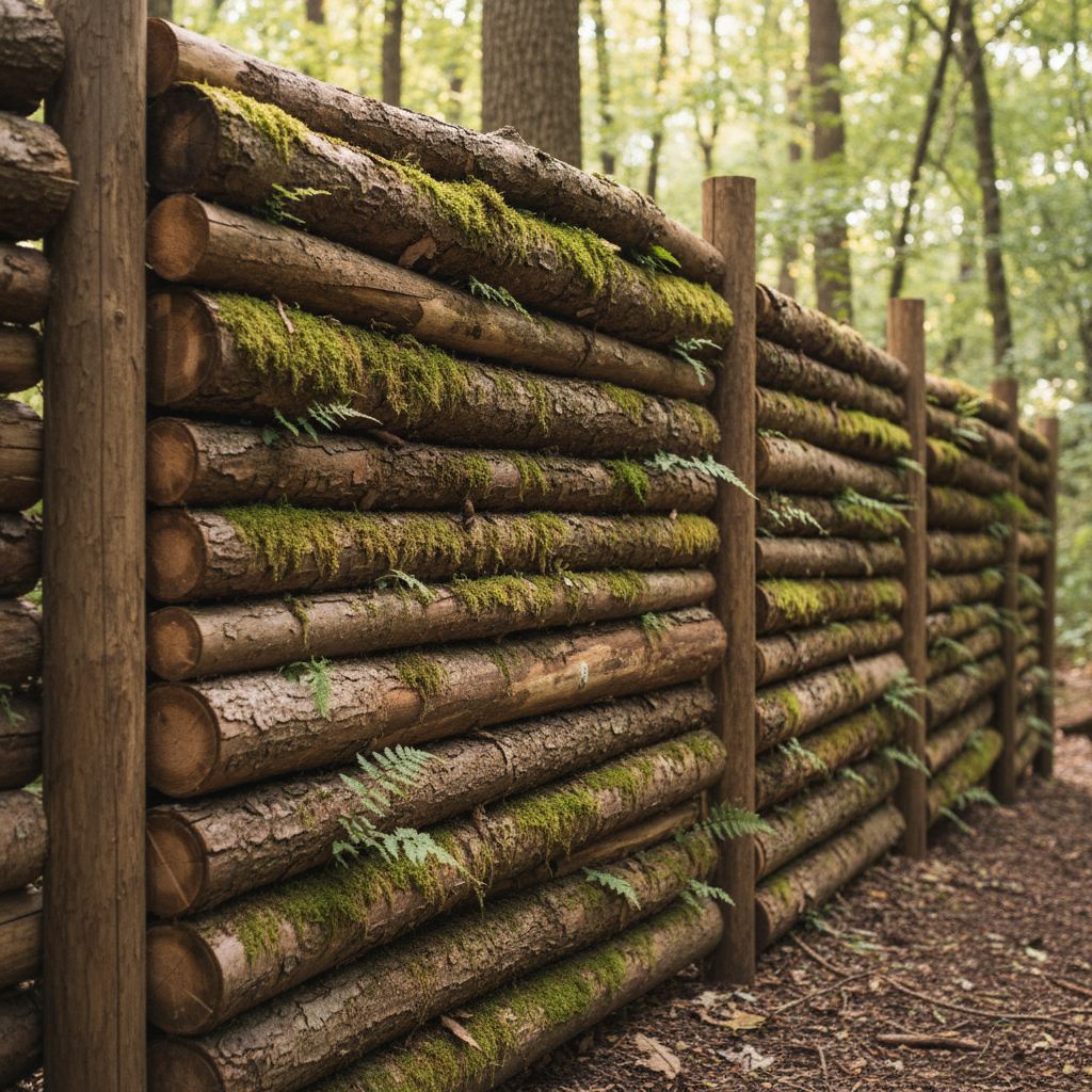 A stacked log and branch wall creating a rustic natural privacy screen
