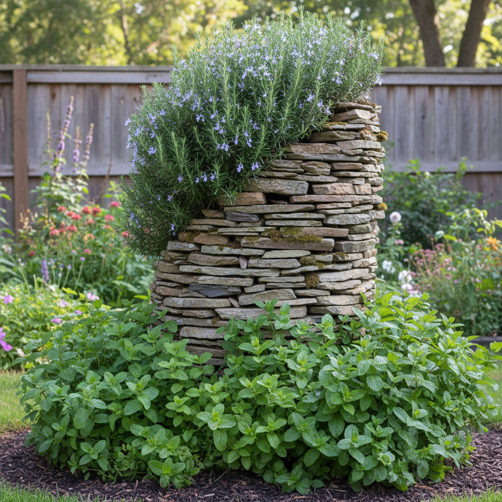 A tall herb spiral built from stone as a garden privacy feature