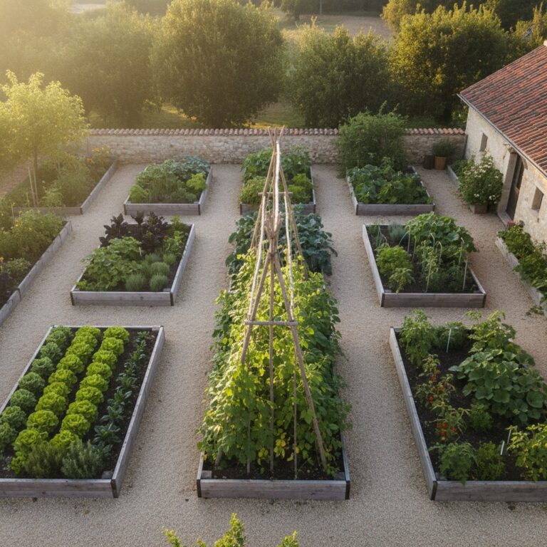Overhead view of a productive backyard vegetable garden with raised beds and gravel paths