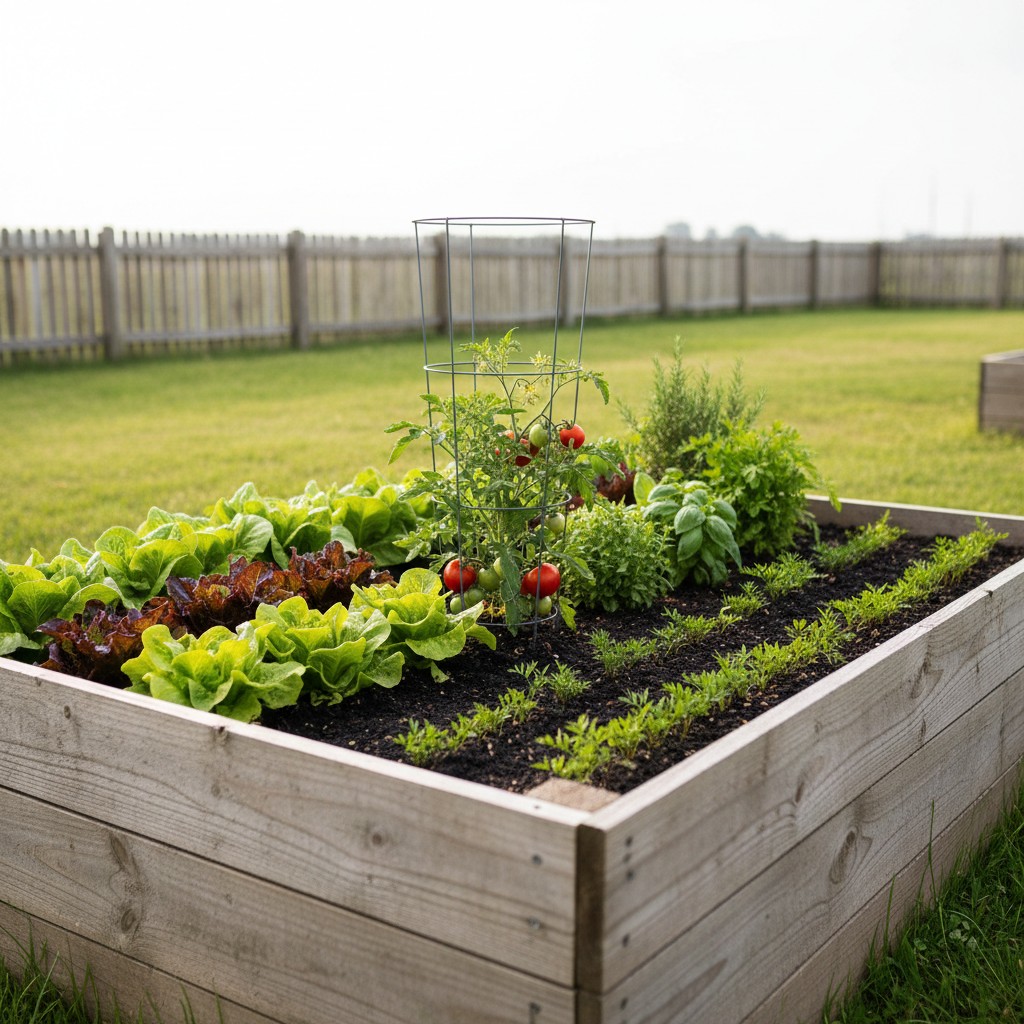 Single 4x8 raised bed densely planted with lettuce tomatoes herbs and carrots