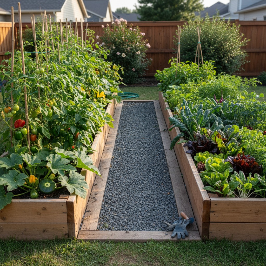 Two parallel 4x16 raised beds with warm and cool season vegetables