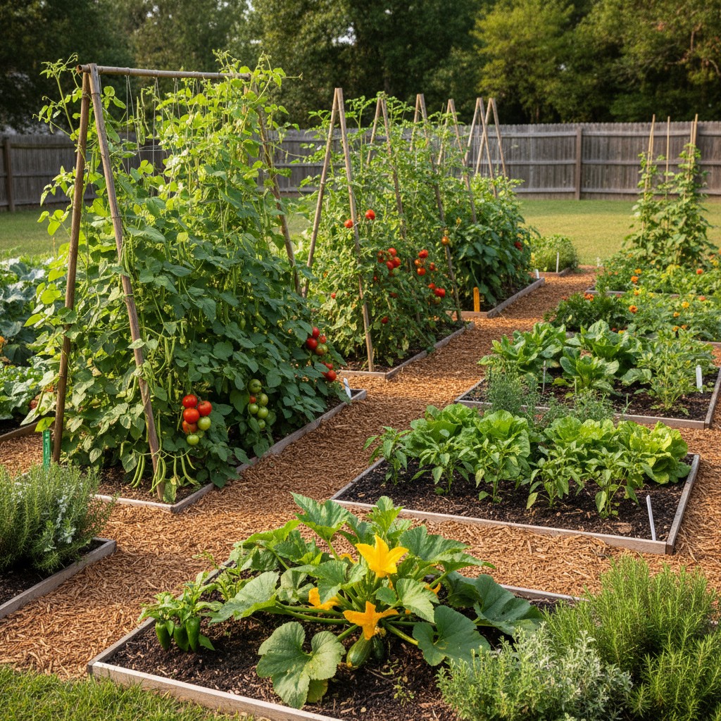 Large 10x20 backyard vegetable garden with trellises herb border and mulched paths