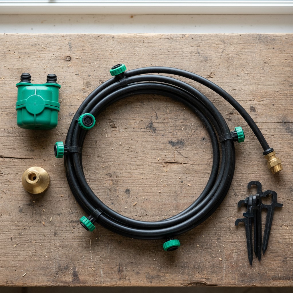 Drip irrigation components laid out on a workbench