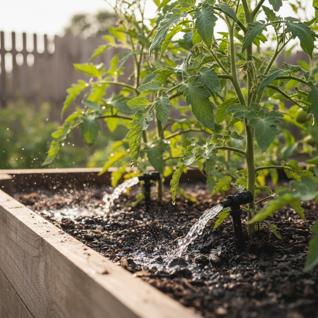 Drip irrigation emitters watering tomato plants in a raised bed