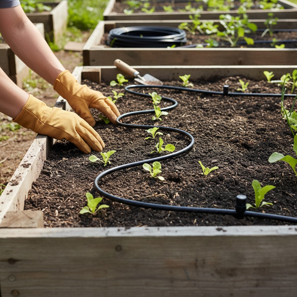 Installing drip tubing along vegetable rows in a raised bed