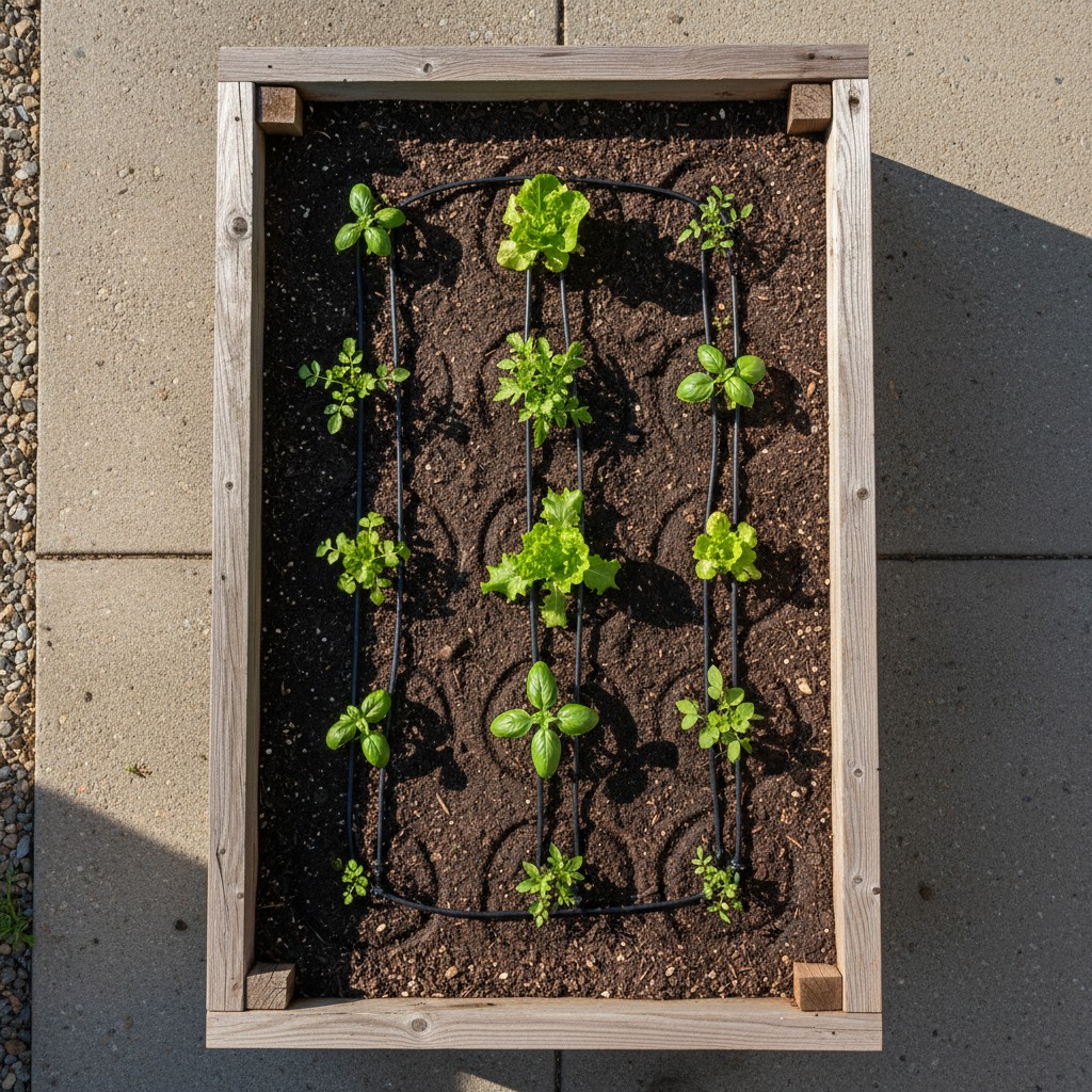 Drip irrigation running with wet circles around plant bases