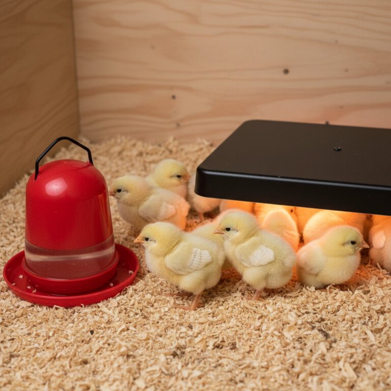 Fluffy baby chicks in a clean brooder with pine shavings and heat plate