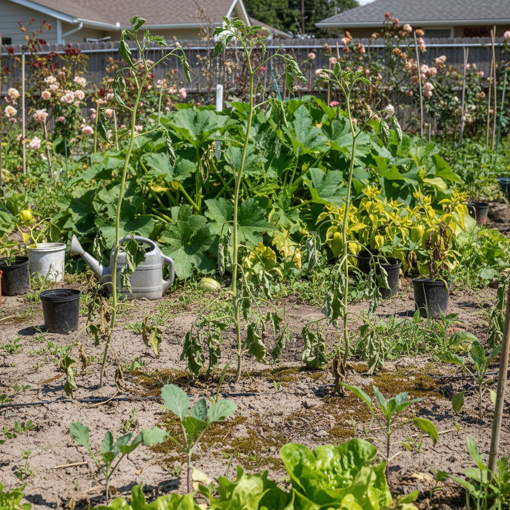 Struggling vegetable garden with wilted seedlings and overcrowded plants
