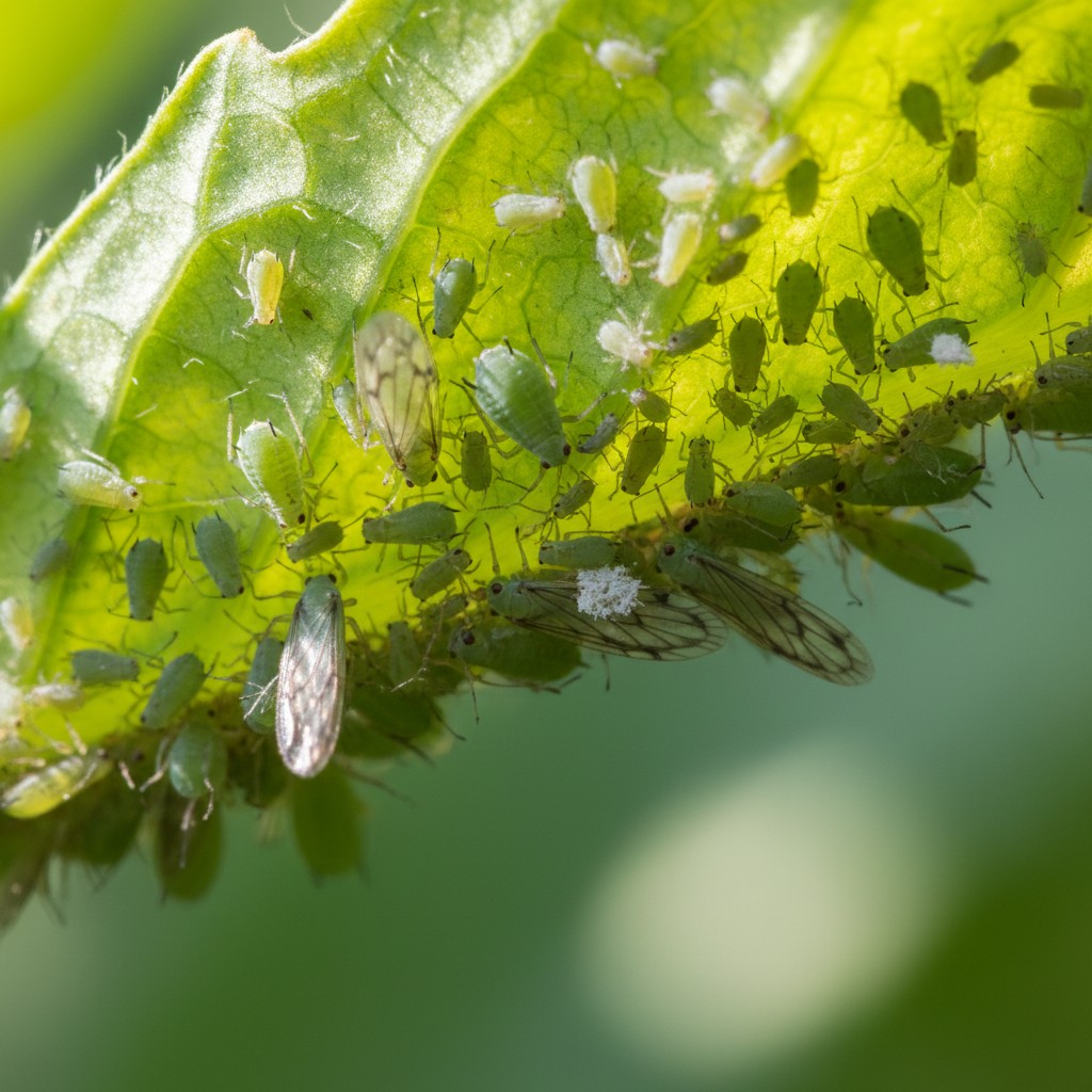 Close-up of aphid cluster on the underside of a tomato leaf