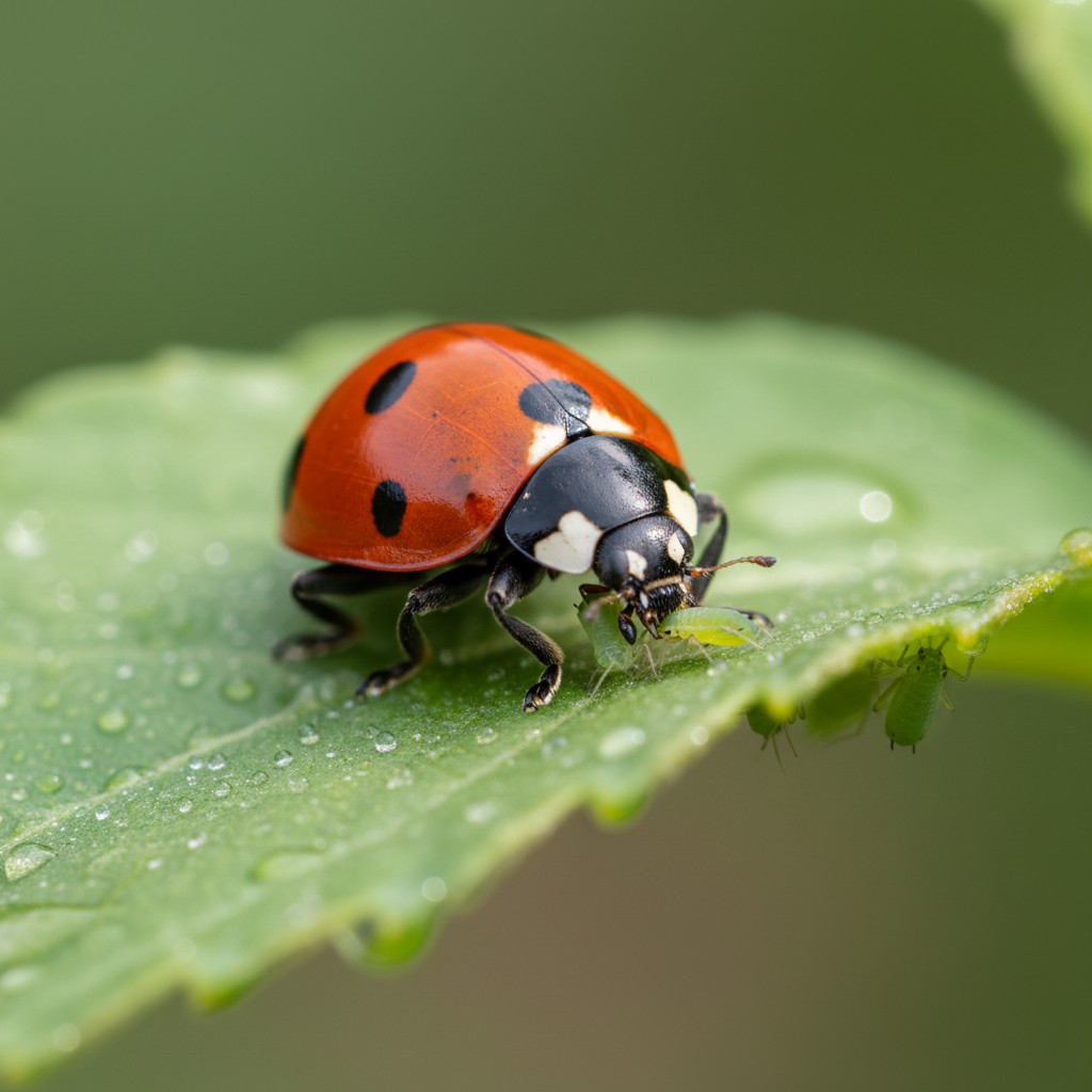 Red ladybug eating aphids on a green leaf