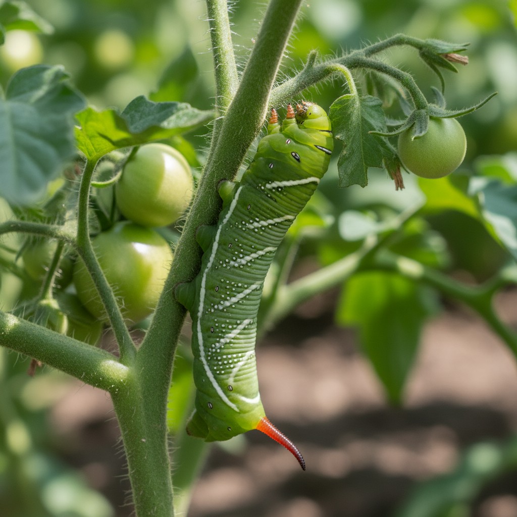Large green tomato hornworm caterpillar with white stripes