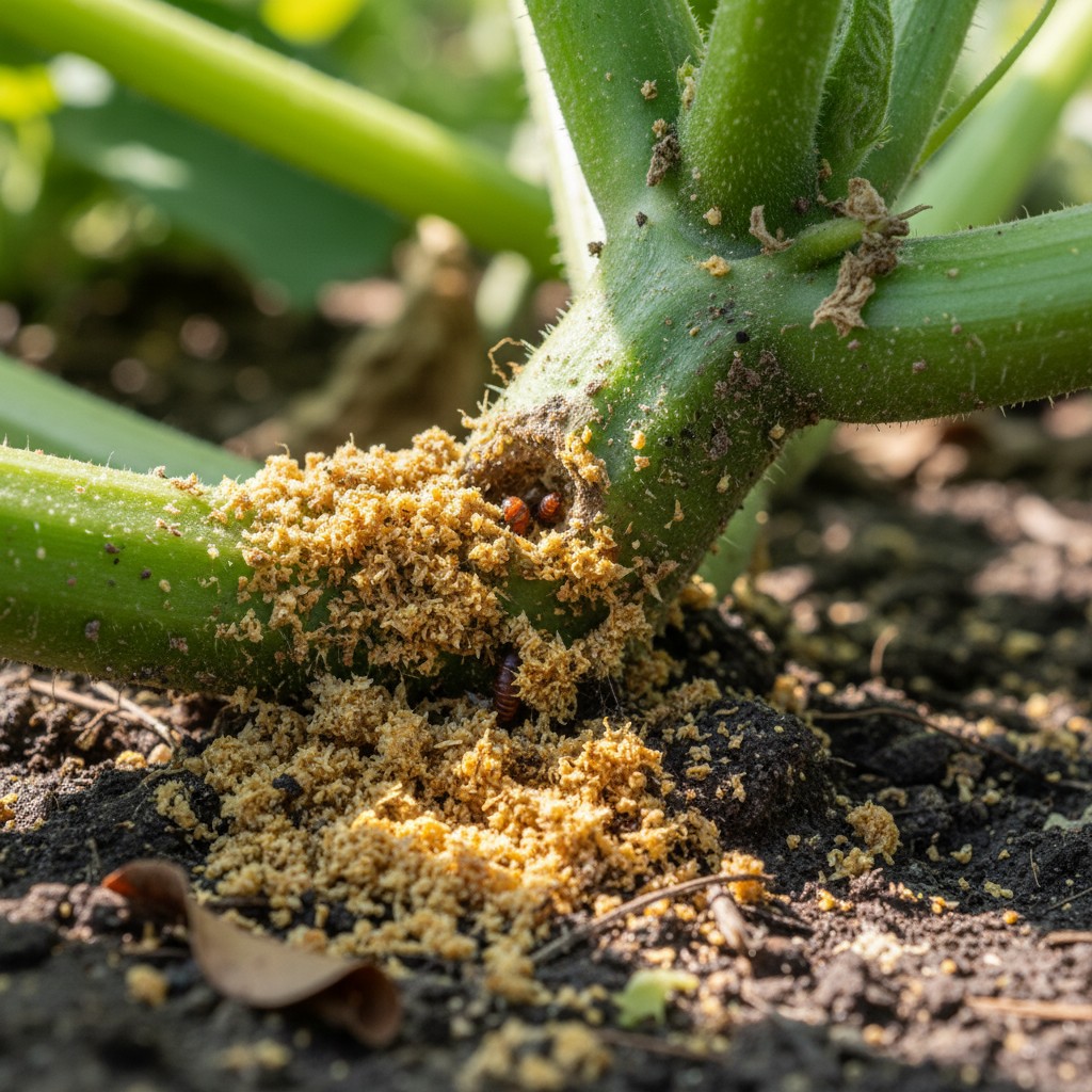Sawdust frass at squash stem base from vine borer damage