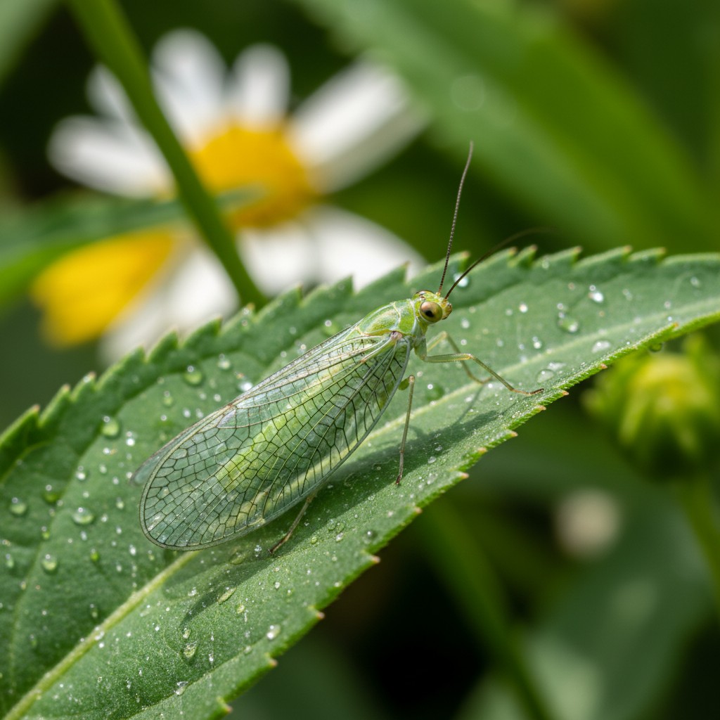 Green lacewing with translucent wings on a garden leaf