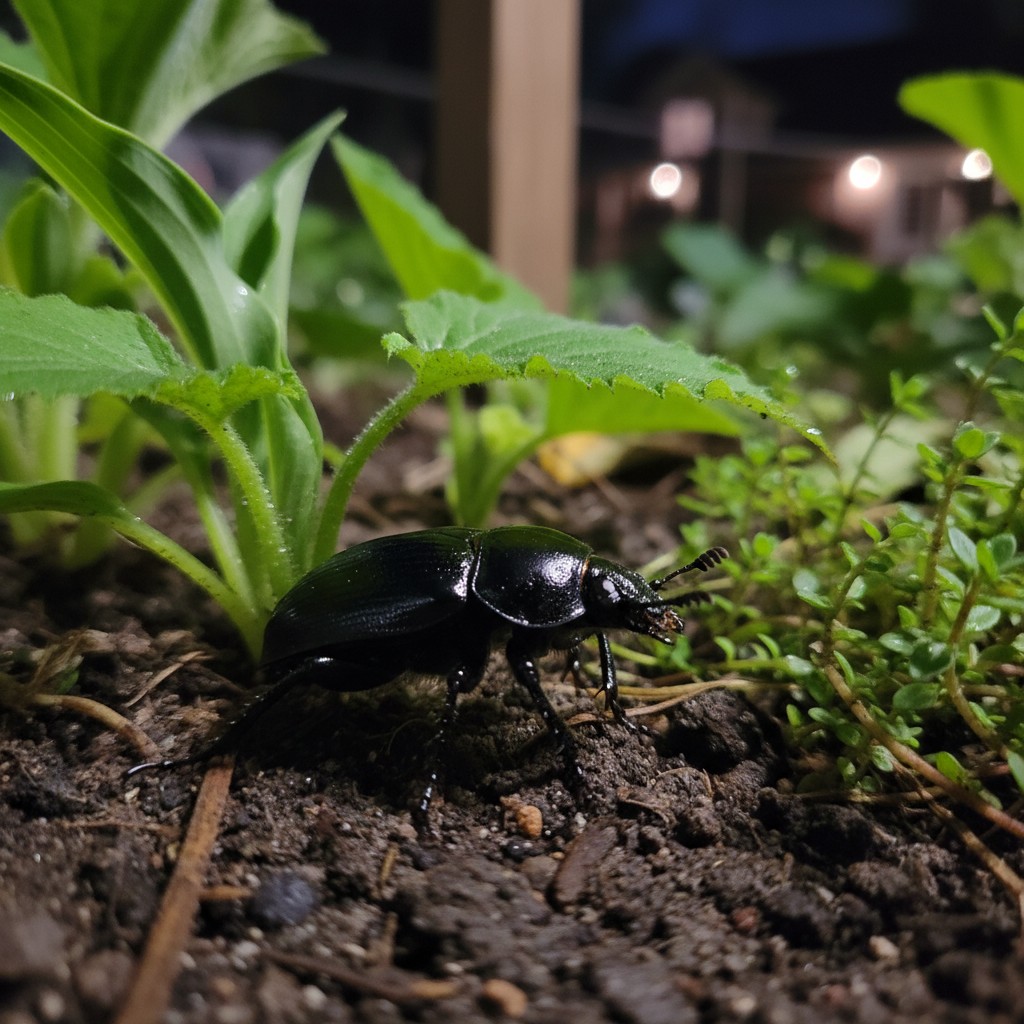 Dark shiny ground beetle on soil between garden plants