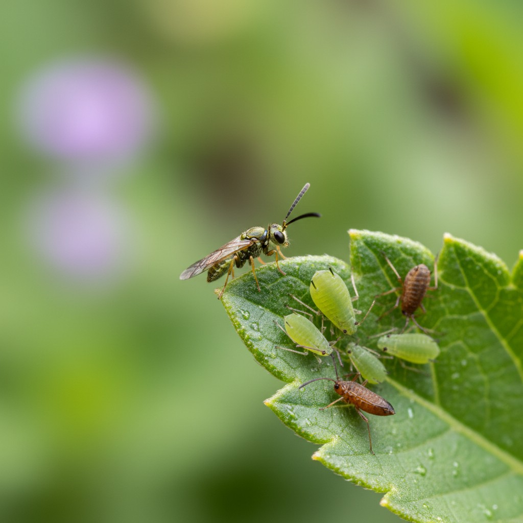 Tiny parasitic braconid wasp near aphids on a leaf